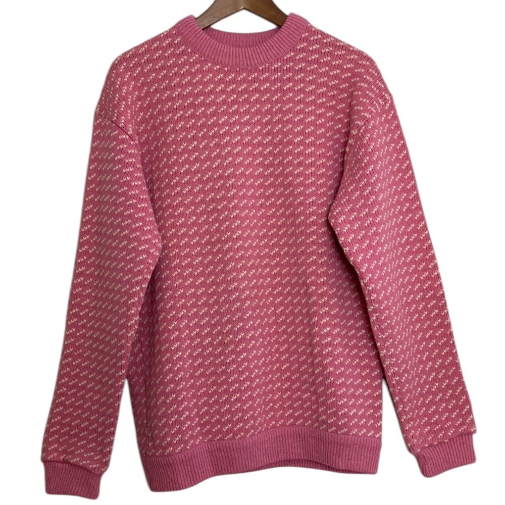 Vintage Roots Fair Isle Pink and White Crew Neck Sweater Wool Made in Norway